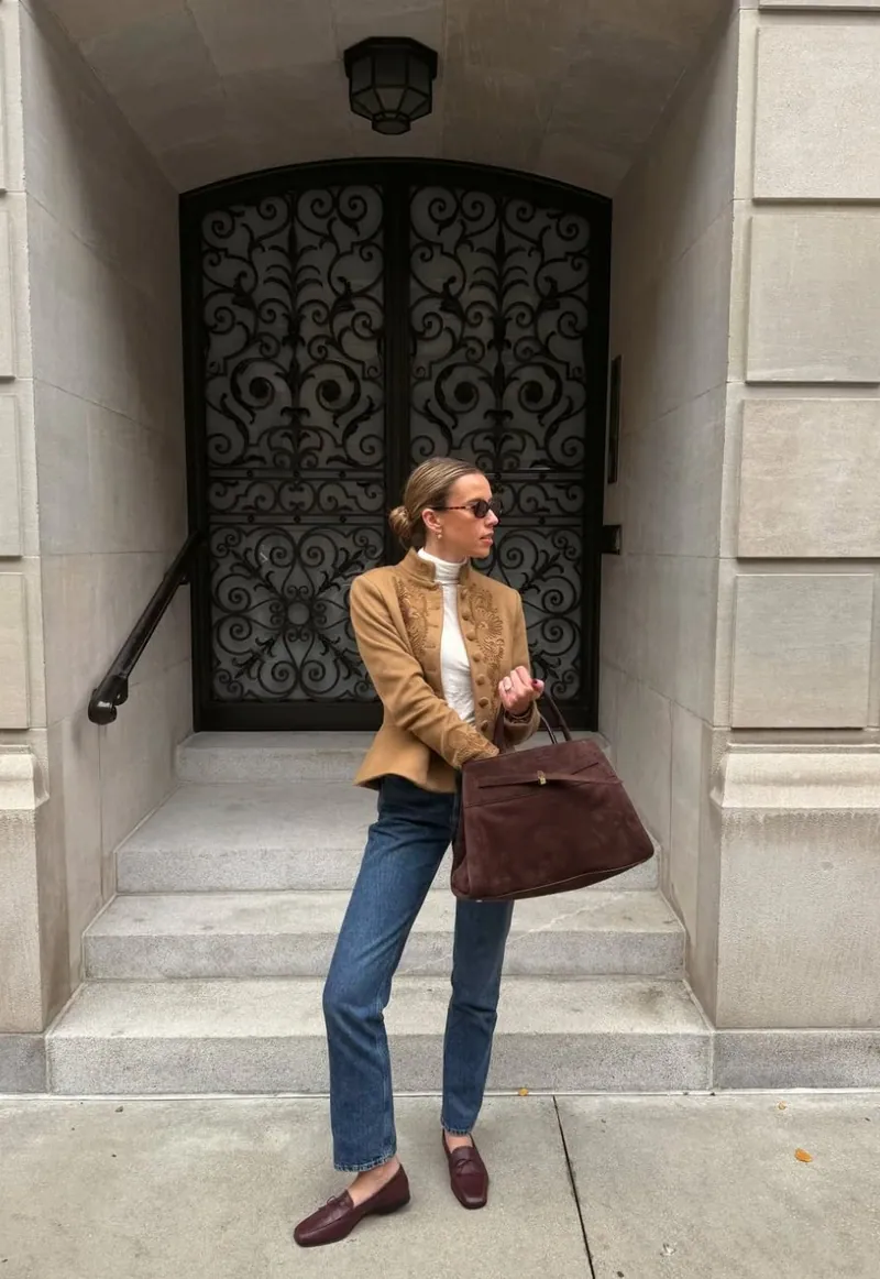 Annie in an embroidered camel jacket with a brown suede bag by an iron gate